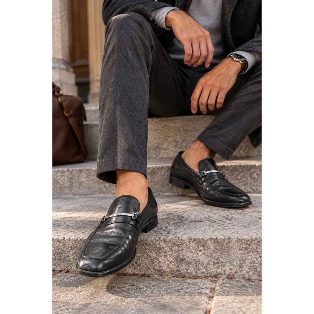 Hugo Boss Ikon Bit Loafers Mens Black Leather Square Dress Shoes Size 10 US